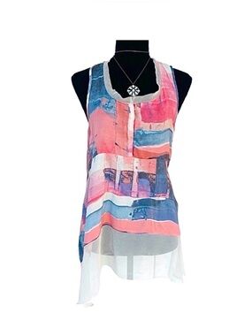 #44 SIMPLY VERA VERA WANG ~ Pink and Blue Sleeveless Blouse w/Chiffon Detail